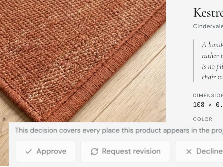A selection card in the client portal with Approve, Request revision, and Decline buttons under the product details