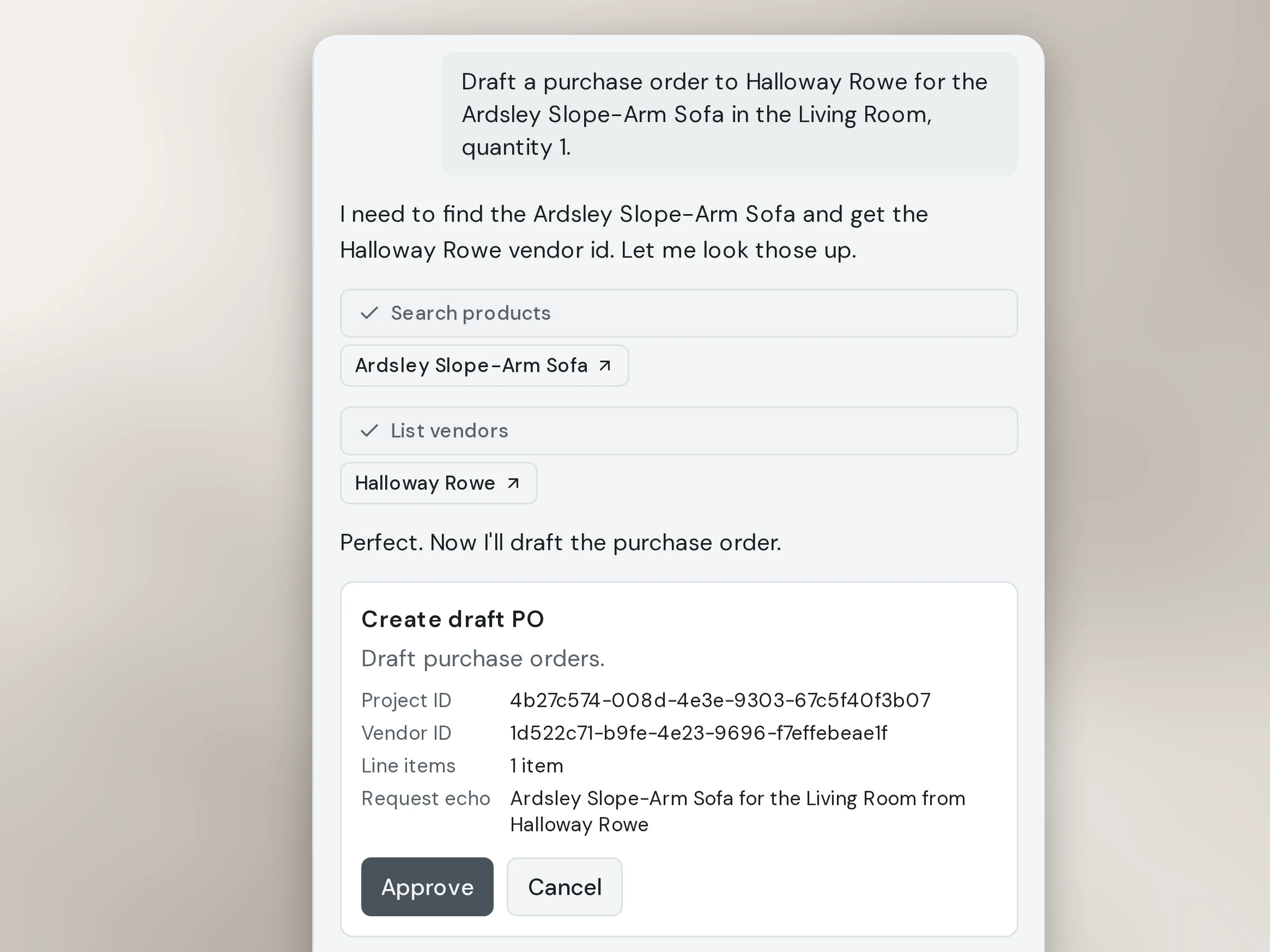 The CoCanvas assistant panel: a request to draft a purchase order, the lookups it made, and a Create draft PO card with Approve and Cancel buttons